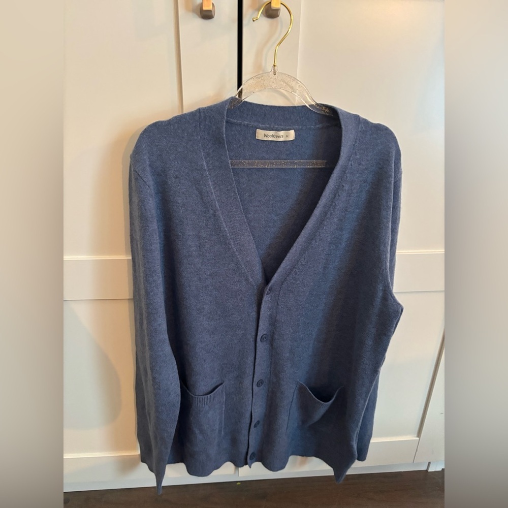 Woolovers Men's Cardigan Merino Wool and Cashmere blend Knit Blue Sweater Medium